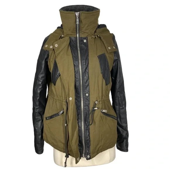 ZARA Olive/Black Utility Parka Jacket Small Vegan Leather